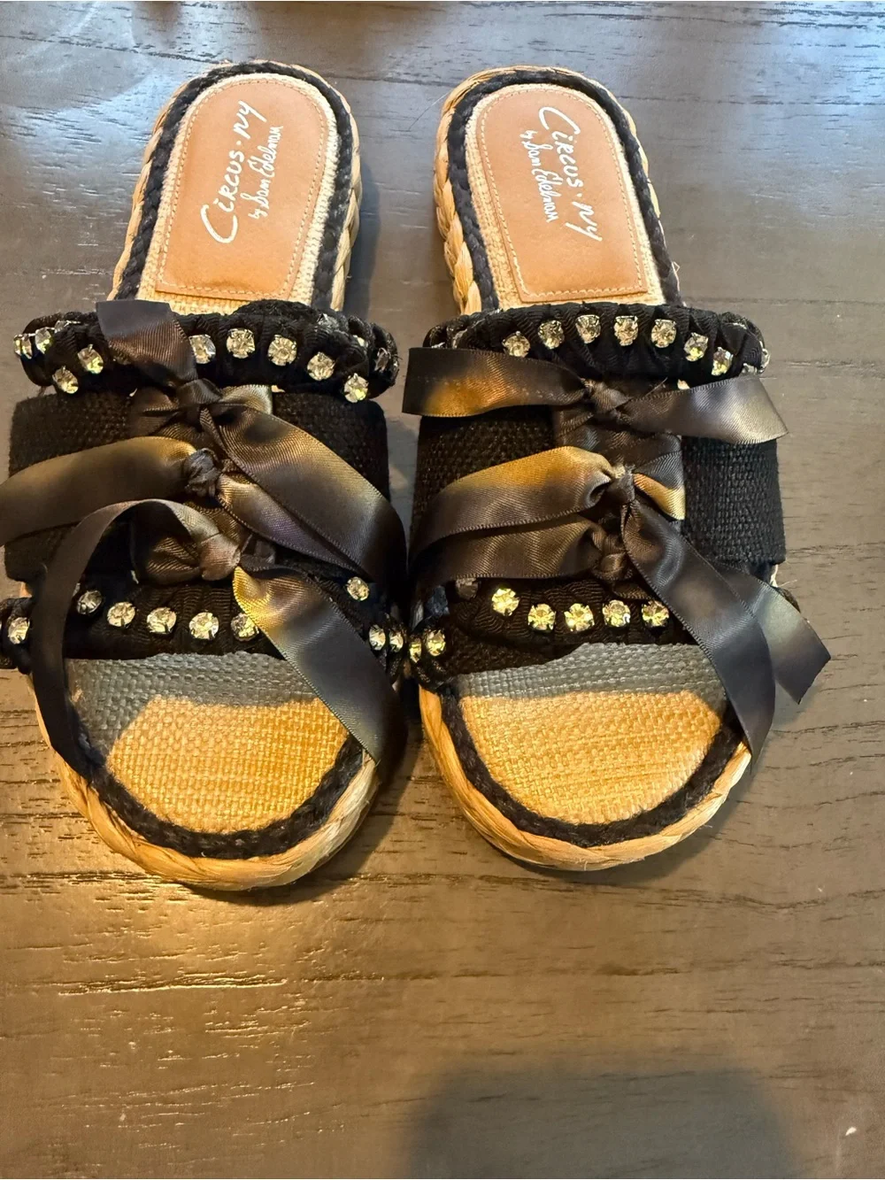 Circus by Sam Edelman Black Satin Bow Embellished Espadrille Slides